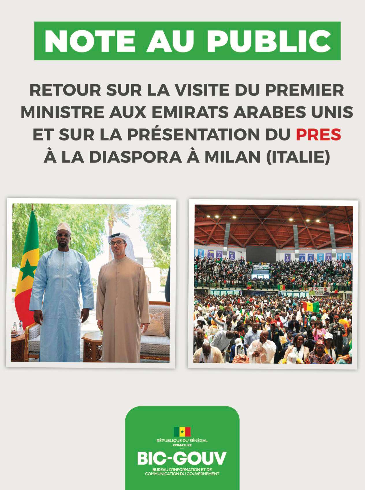 Note au Public | Visite du Premier ministre Ousmane SONKO aux Émirats arabes unis et Présentation du Plan de redressement économique et social à la Diaspora à Milan (Italie)
